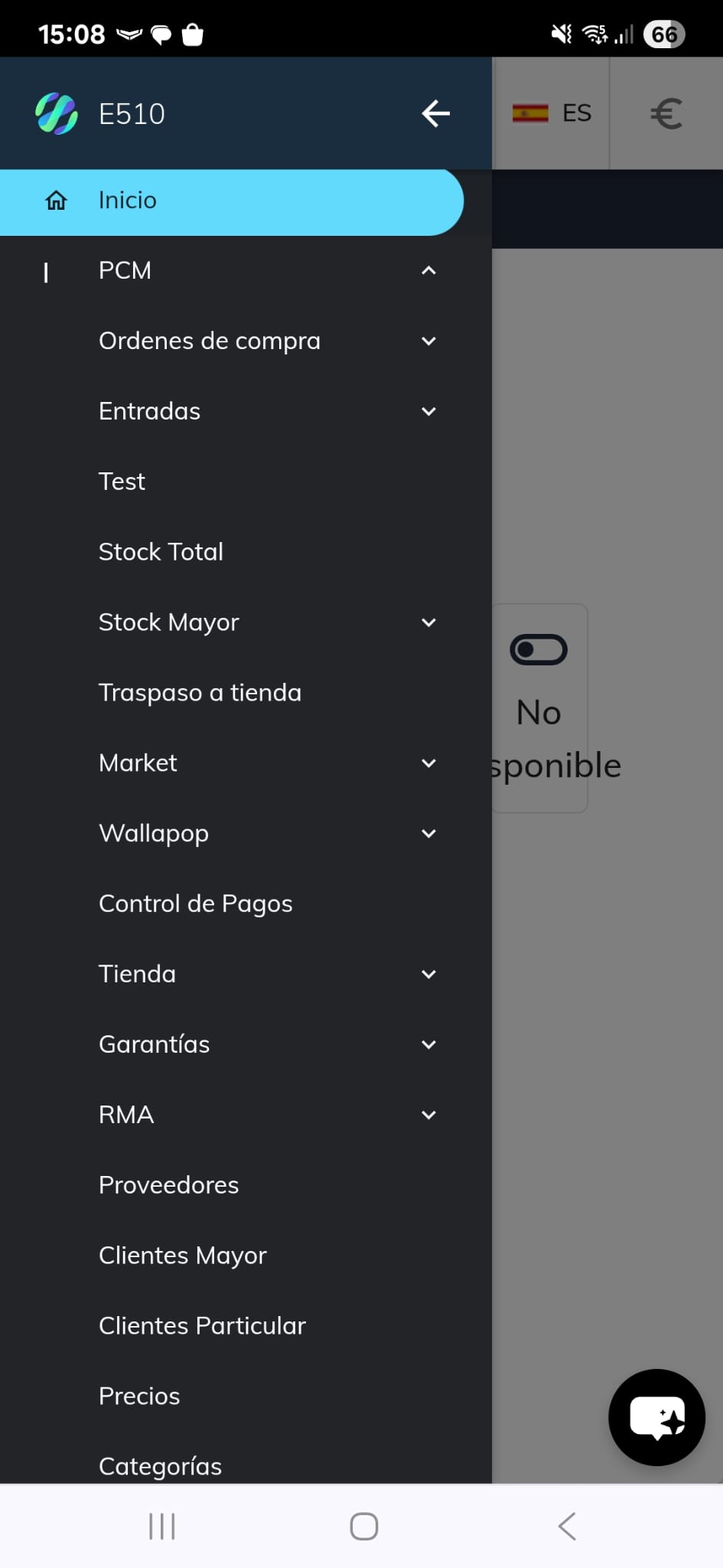 ERP original en móvil mostrando el menú de navegación con PCM, Wallapop, Control de Pagos y otras secciones.
